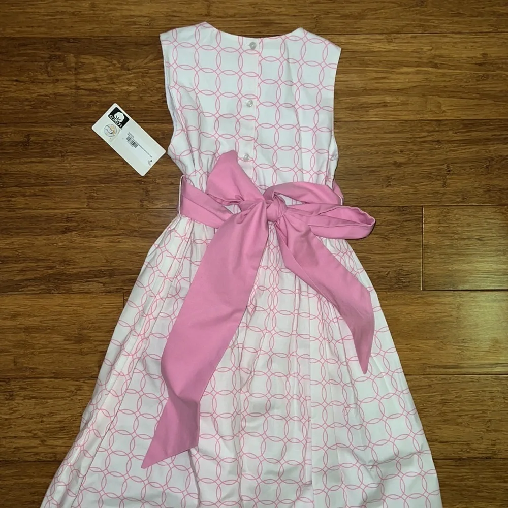 Southern Sunshine Kids White with Pink Circles Sleeveless dress with pink sash 7